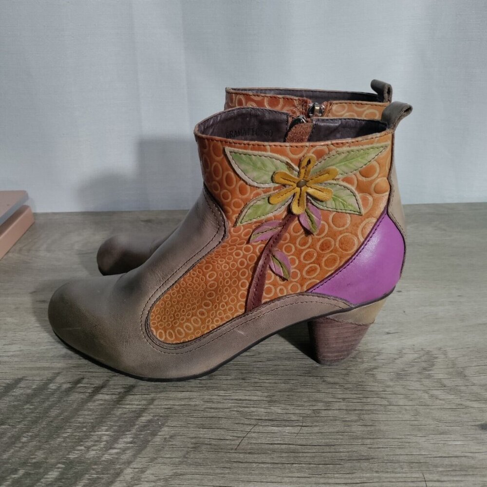 L’Artiste Spring Step Dramatic Booties Colorful Floral Tooled Leather Boots 40